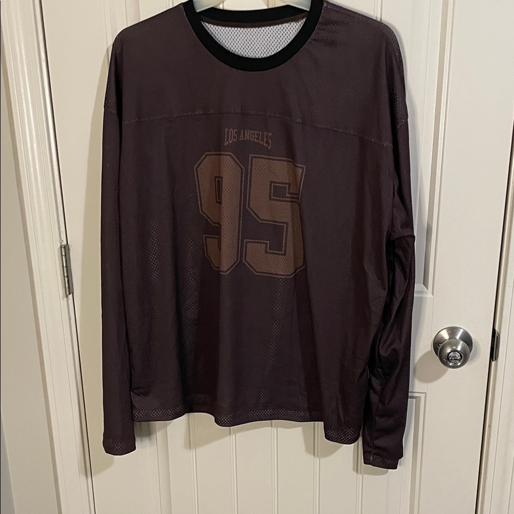 Long Sleeve Mesh Jersey Top in Dark Brown with Black Trim